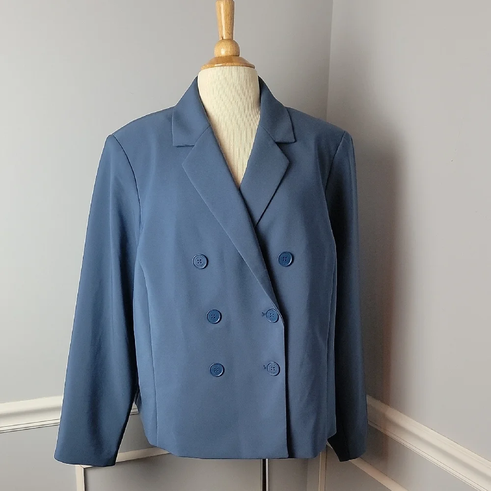 CALVIN‎ KLEIN Steel Blue Scuba Office Professional Double Breasted Blazer 20W